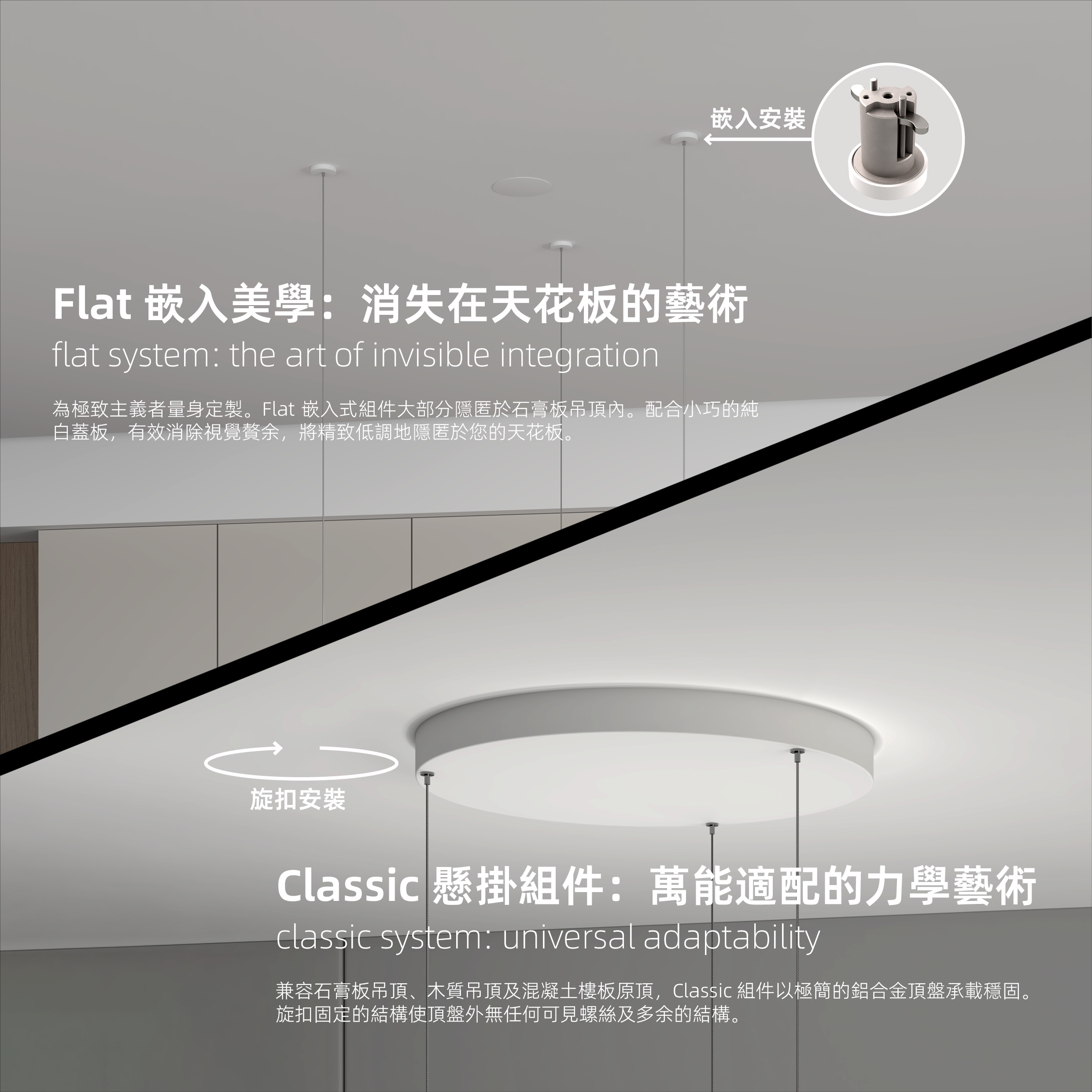Flat 嵌入美學：消失在天花板的藝術&Classic 懸掛組件：萬能適配的力學藝術